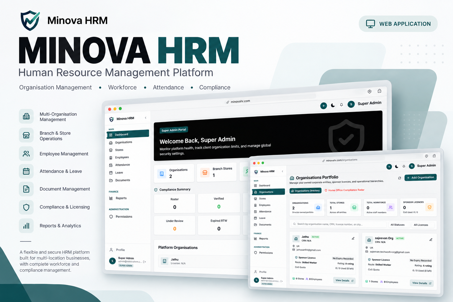 Minova HR dashboard – multi-tenant HRMS interface